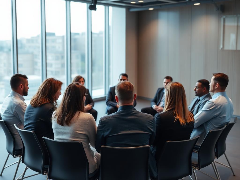 Séance de coaching d'équipe en cercle dans une salle de séminaire